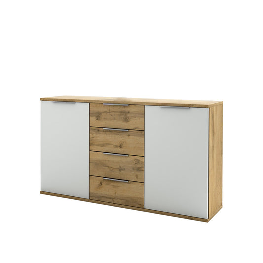 Comoda Castello, 2 Usi Si 4 Sertare, Alb Si Stejar Salbatic, 150 Cm