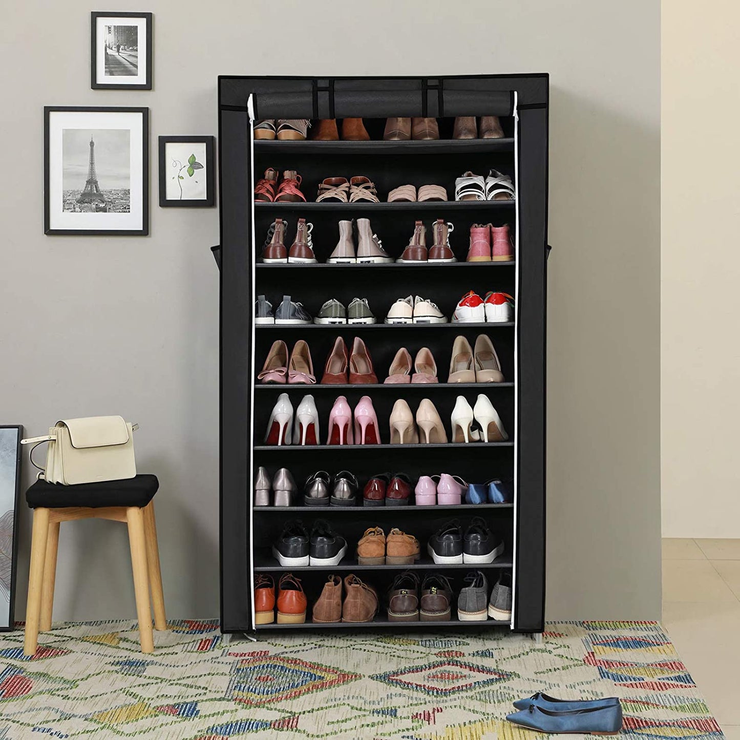 Suport depozitare pantofi textil Negru, 58 x 28 x 160 cm