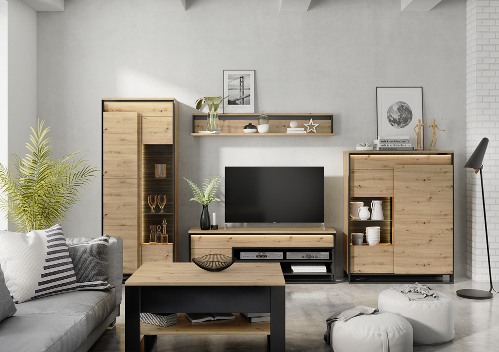 Comoda Tv Vant Cu 1 Usa Si 1 Sertar, Stejar Artizan Si Negru, 155 Cm