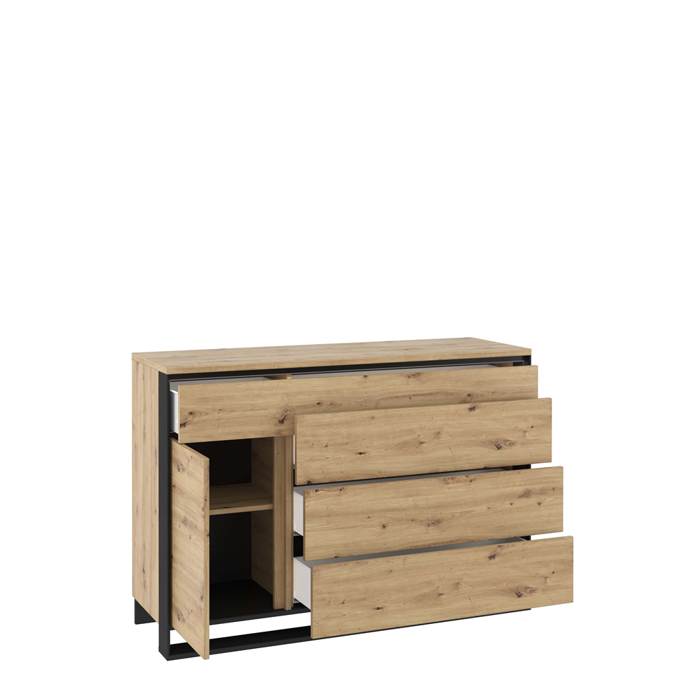 Comodă 1 Usa 4 Sertare Cu LED VANT, Stejar Artizanal Si Negru, 130 x 90 x 41 Cm