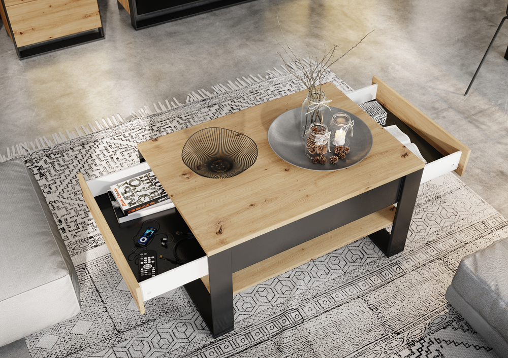 Masa De Cafea Vant Cu 2 Sertare, Stejar Artizan Si Negru, 100 Cm