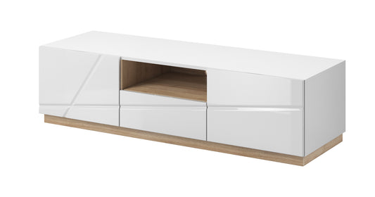 Comoda Tv Fuji Cu 2 Usi Si 1 Sertar, Alb, Riviera Oak Si Alb Lucios, 150 Cm