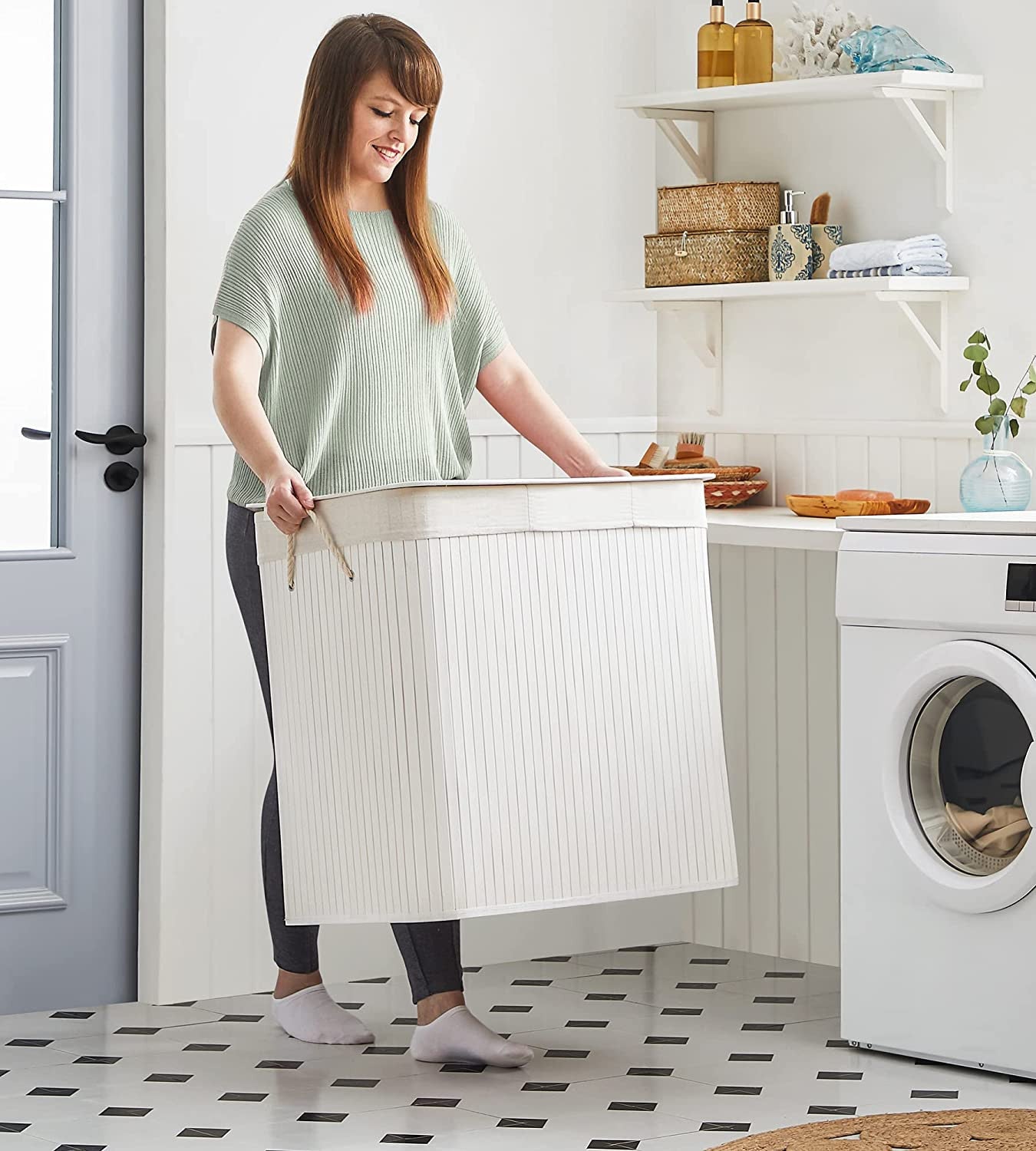 Cos De Rufe Cu 3 Compartimente, Cu Capac, Cu Manere, Pliabil, Alb, 60 Cm