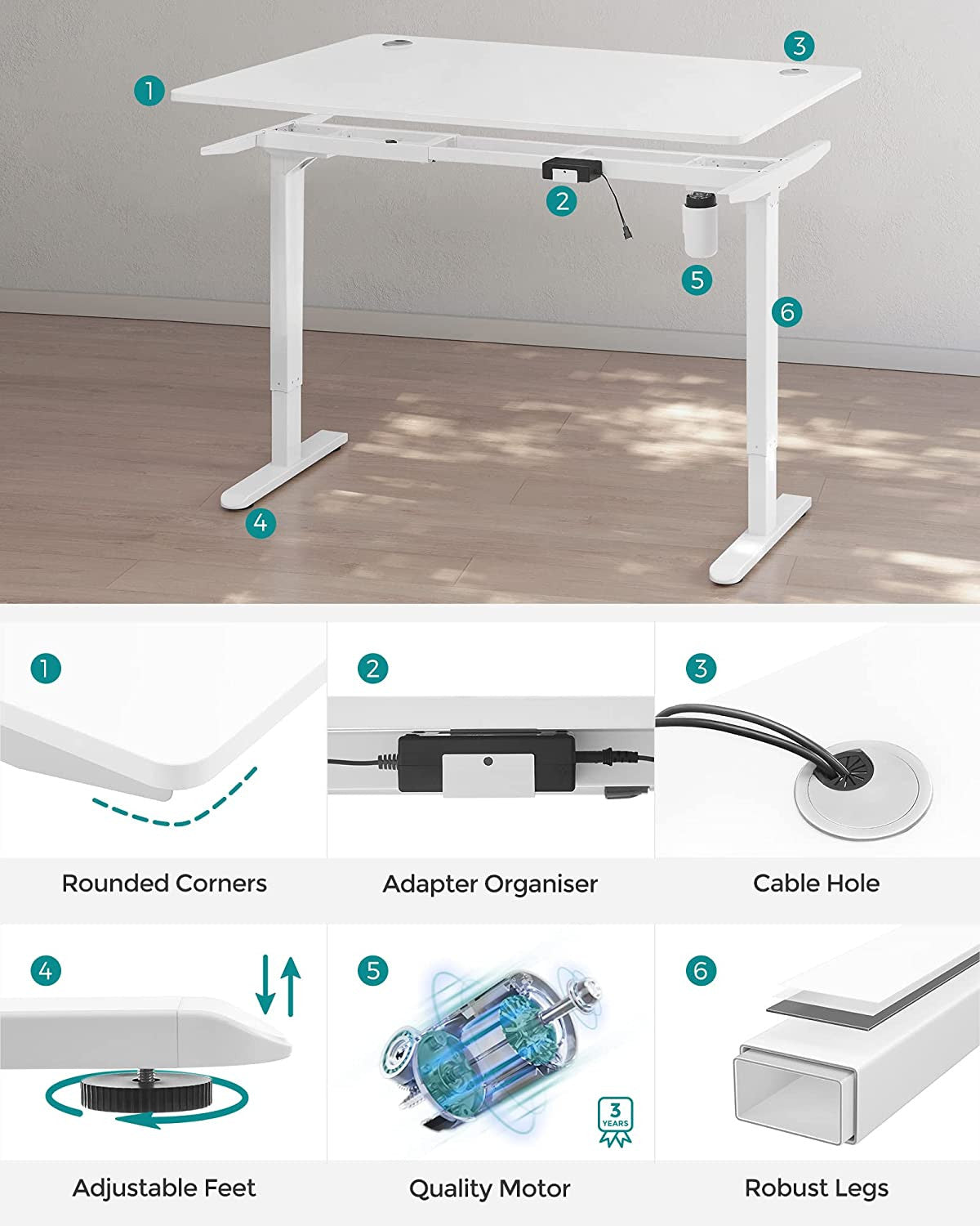 Birou Electric, Reglabil Pe Inaltime, Alb, 140 X 70 Cm