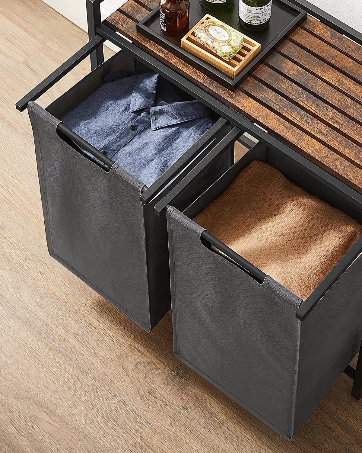 Cos De Rufe Cu 2 Compartimente, Maro Rustic Si Gri, 73 X 33 X 72 Cm