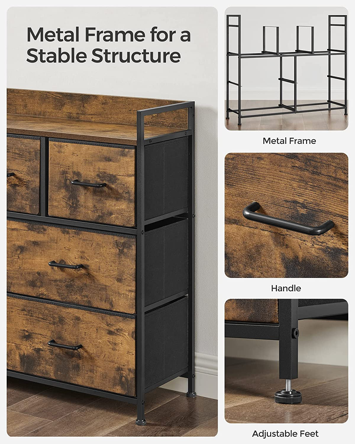 Comoda Cu 7 Sertare, Maro Rustic Și Negru, 98 Cm