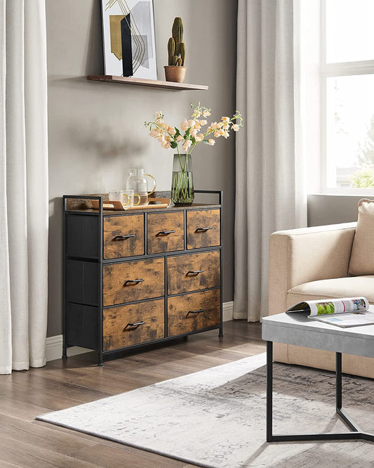 Comoda Cu 7 Sertare, Maro Rustic Și Negru, 98 Cm