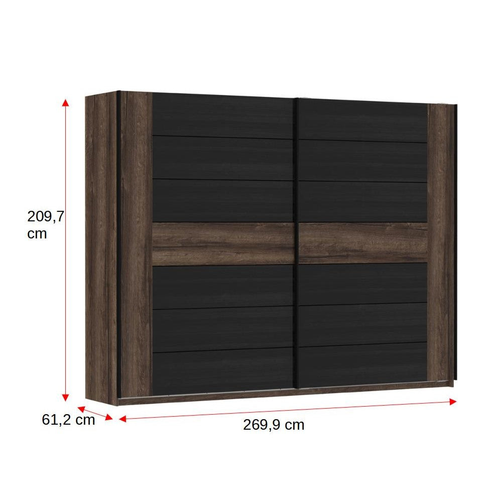 Dulap Dormitor Cu 2 Usi Culisante Rondino, Stejar Pamantiu Si Stejar Negru, 270 Cm