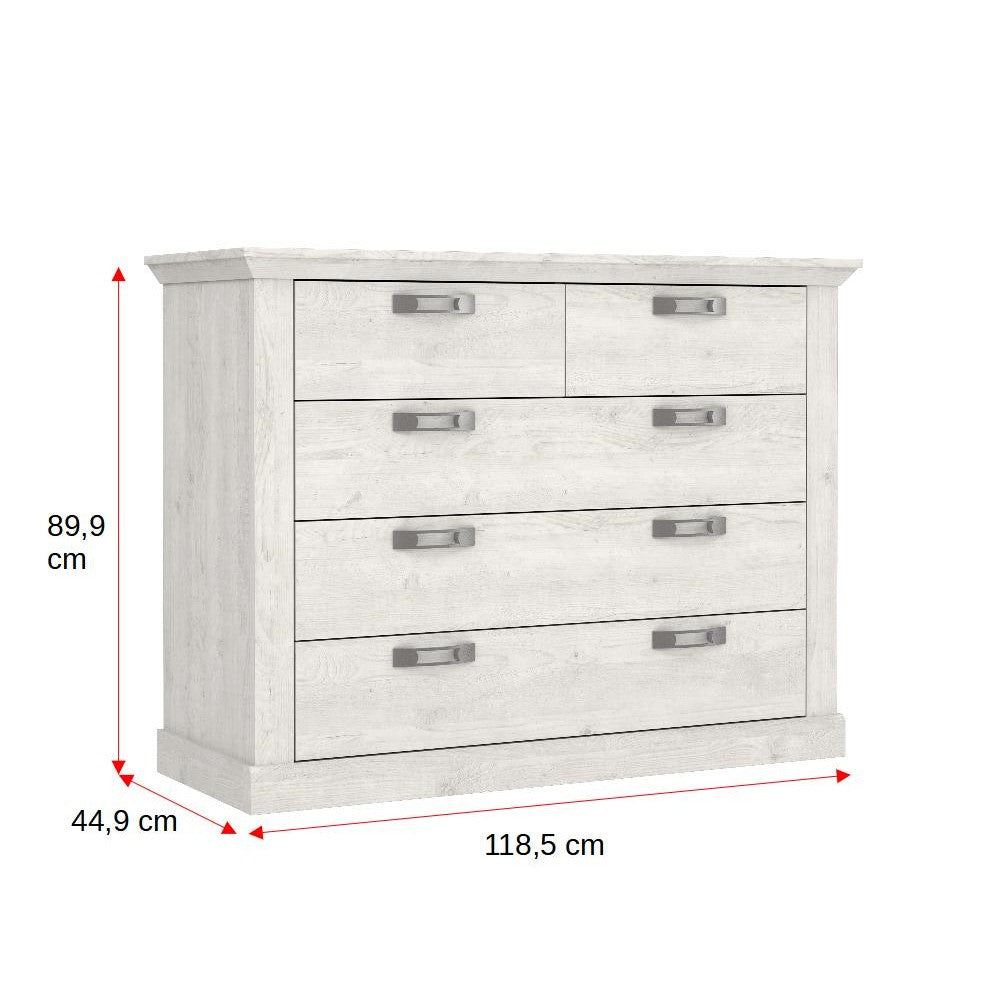 Comoda 5 Sertare Kashmir, Alb Antichizat, 118.5 Cm