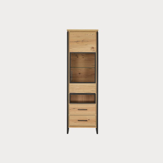 Vitrina Dreapta Reno Cu 1 Usa Si 2 Sertare, Smoked Oak, Furnir Din Lemn Masiv, 60 Cm