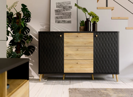 Bufet Cu 2 Usi Si 3 Sertare Flexytone, Stejar Mauvella Si Negru Mat, 138 Cm