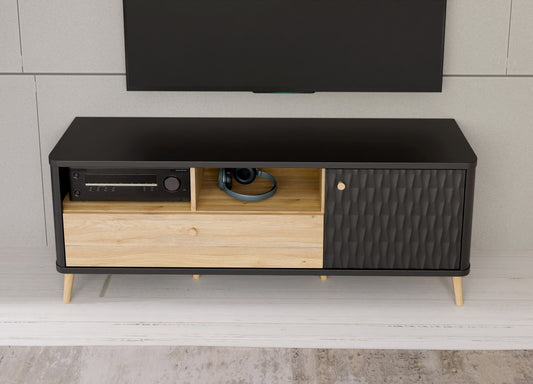 Comoda TV Cu 1 Usa Si 1 Sertar Flexytone, Stejar Mauvella Si Negru Mat, 138.3 Cm