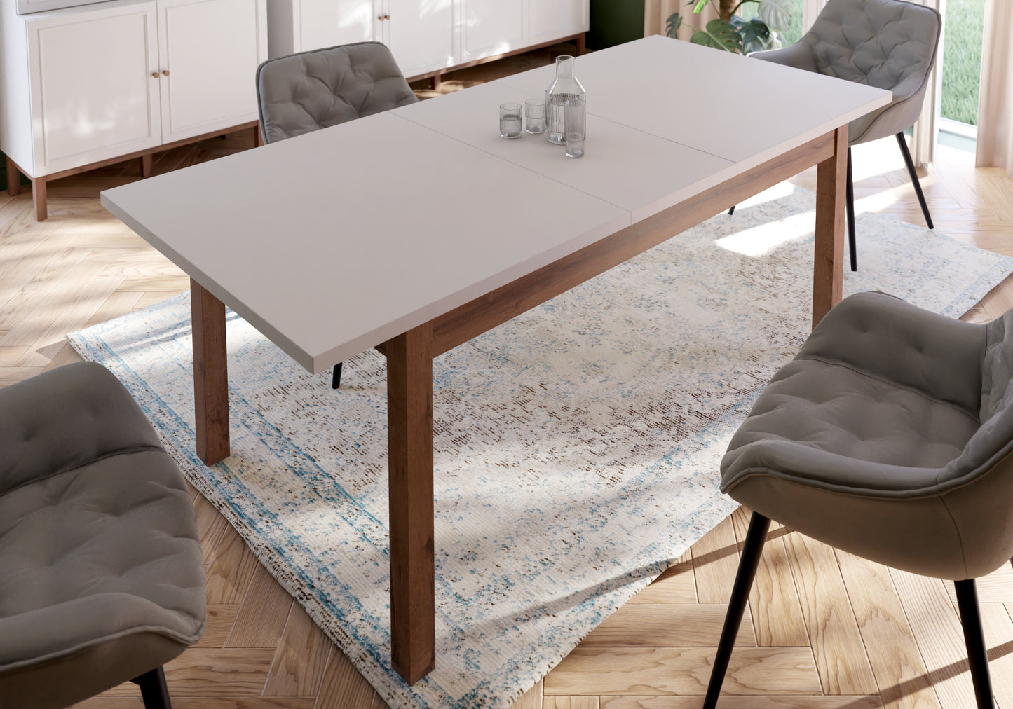 Masa extensibila Pickadilly, Gri Deschis Si Stejar Pamantiu, 160.4 x 76.6 x 90 Cm
