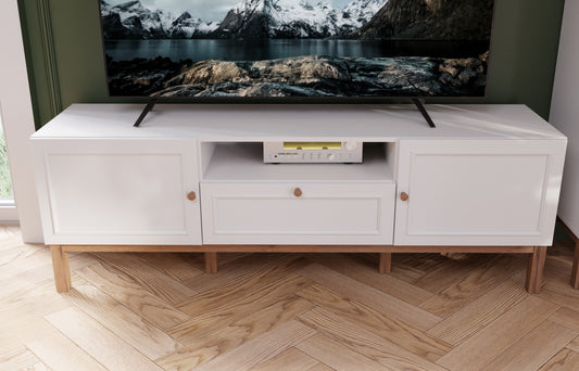 Comoda TV 1 Sertar Si 2 Usi Pickadilly, Gri Deschis Si Stejar Pamantiu, 159.6 Cm