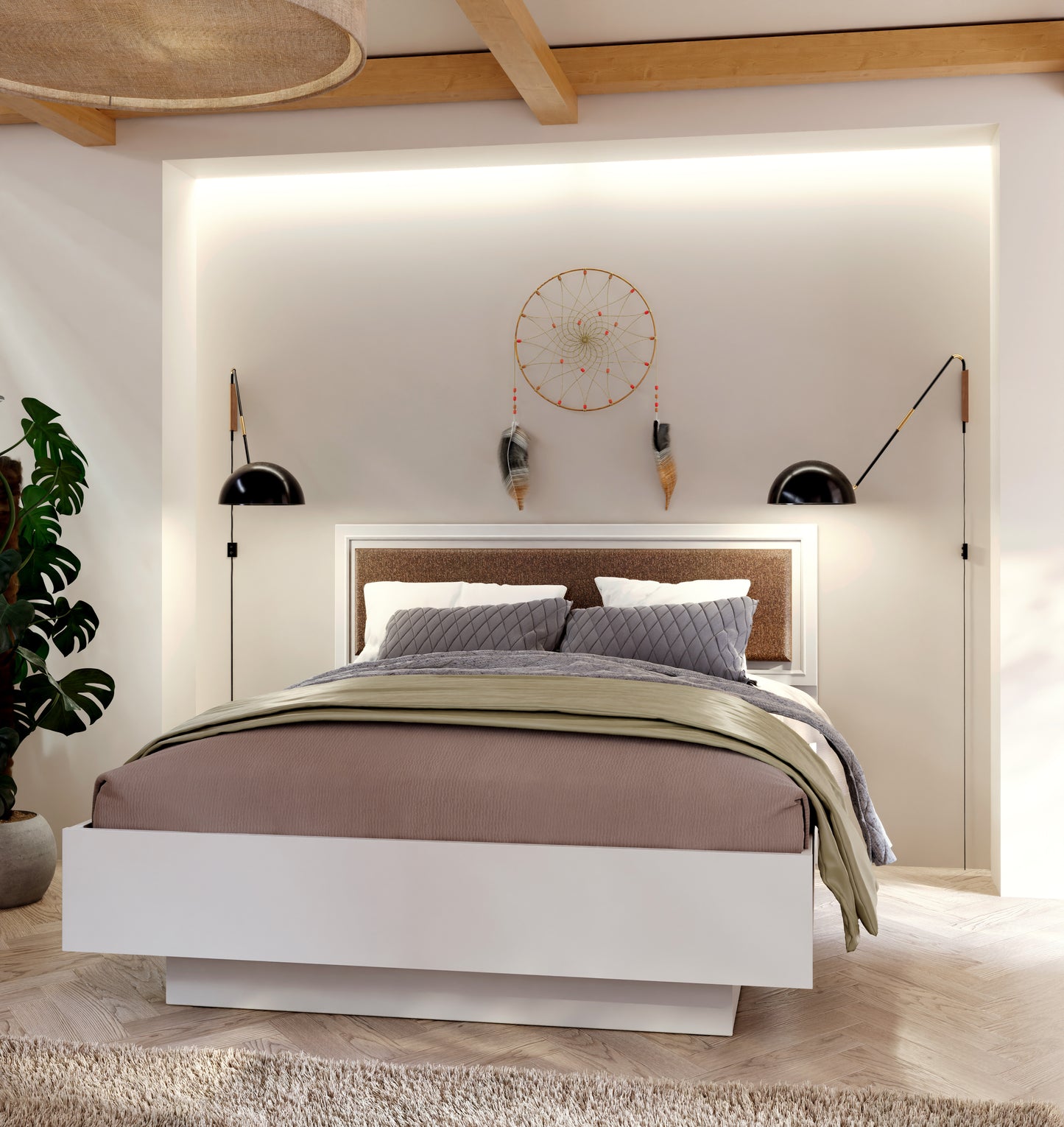 Pat cu somiera Pickadilly, Dimensiune Saltea 160x200 Cm, Gri Deschis Si Stejar Pamantiu
