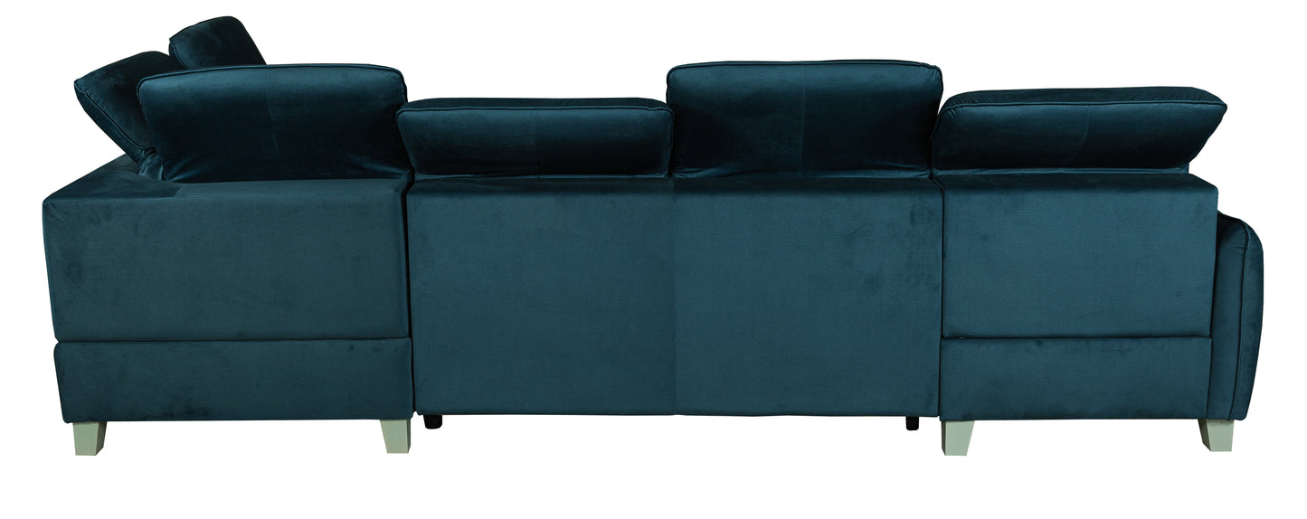 Coltar U Extensibil Tiago, 6 Locuri, Tetiere Reglabile,330 Cm albastru dreapta cu lada