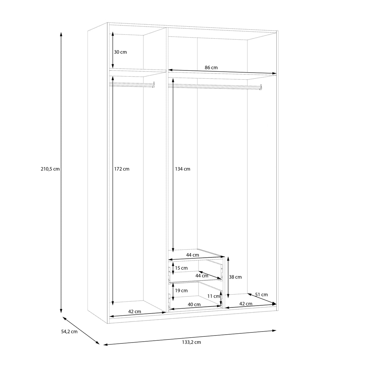 Dulap Cu Oglinda Ecobest 2, 3 Usi Si 2 Sertare, 133.2 Cm alb