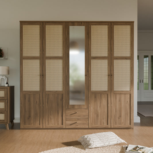 Dulap Cu 5 Usi Glowkiss, Stejar Valencia Si Ratan Natural, 223.4 Cm