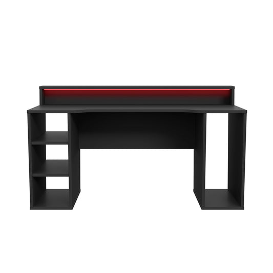 Birou Gaming Trezorio LED RGB, 2 Rafturi, Suport Casti Si Suport Bauturi, Negru Mat,160 Cm