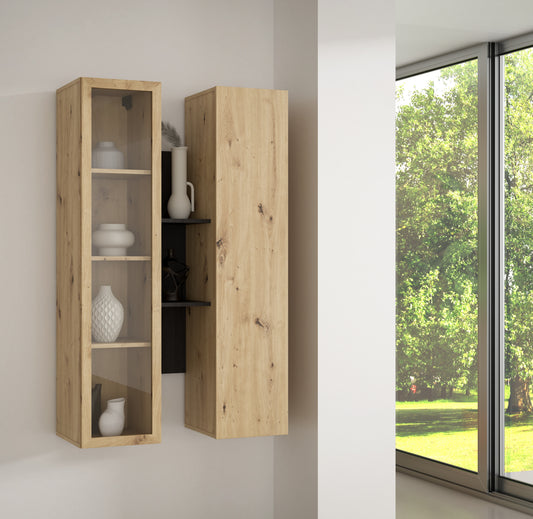 Vitrina Suspendata Bibliotheque, Usi soft close, stejar Cabezone si stejar Artisan, 84.2 Cm