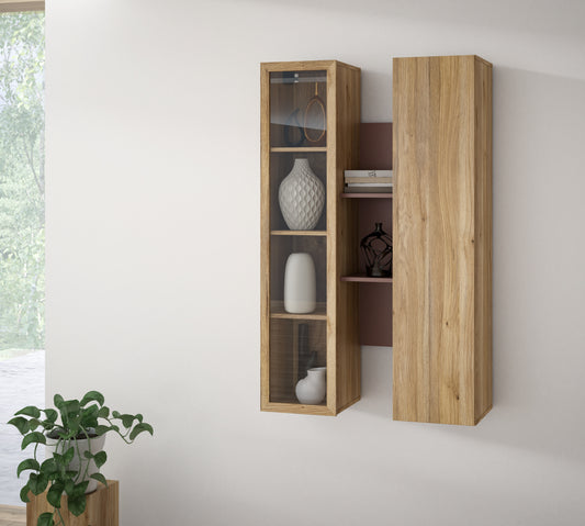 Vitrina Suspendata Bibliotheque, usi cu soft-close, Terracotta si stejar Mauvella, 84.2 Cm