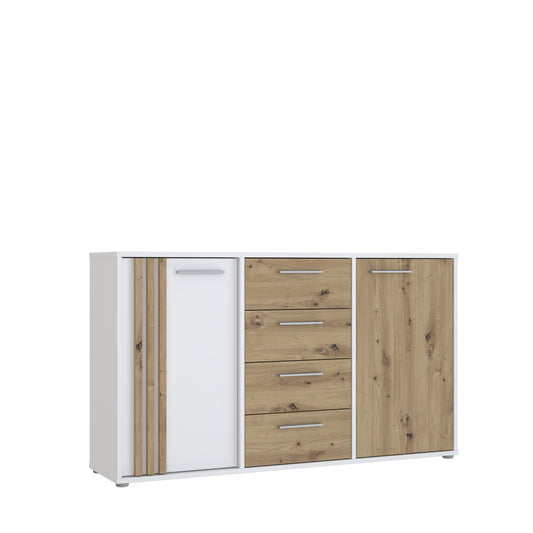 Comoda 2 Usi Si 4 Sertare Cordega Alb Si Stejar Artisan, 142.6 Cm