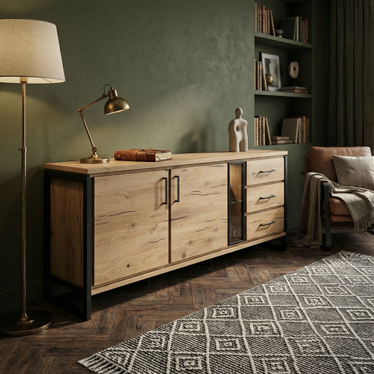 Bufet Cu 2 Usi Si 3 Sertare Reno Smoked Oak, Furnir Din Lemn Masiv, 200 Cm