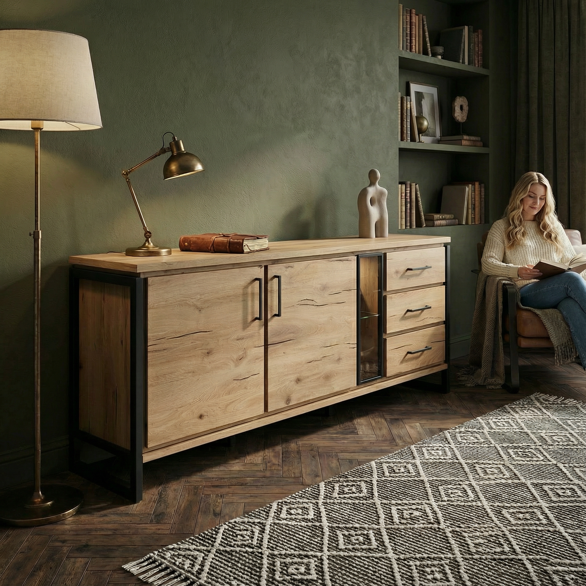 Bufet Cu 2 Usi Si 3 Sertare Reno Smoked Oak, Furnir Din Lemn Masiv, 200 Cm