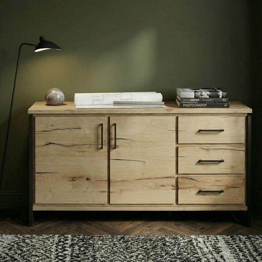 Bufet Cu 2 Usi Si 3 Sertare Reno Smoked Oak, Furnir Din Lemn Masiv, 170 Cm