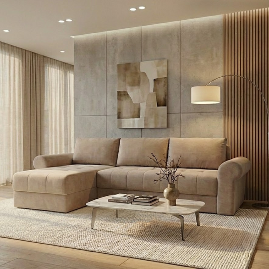 Coltar Extensibil Trendy, 5 Locuri, 275 Cm bej stanga cu lada #variant:bej #variant:stanga #variant:cu-lada