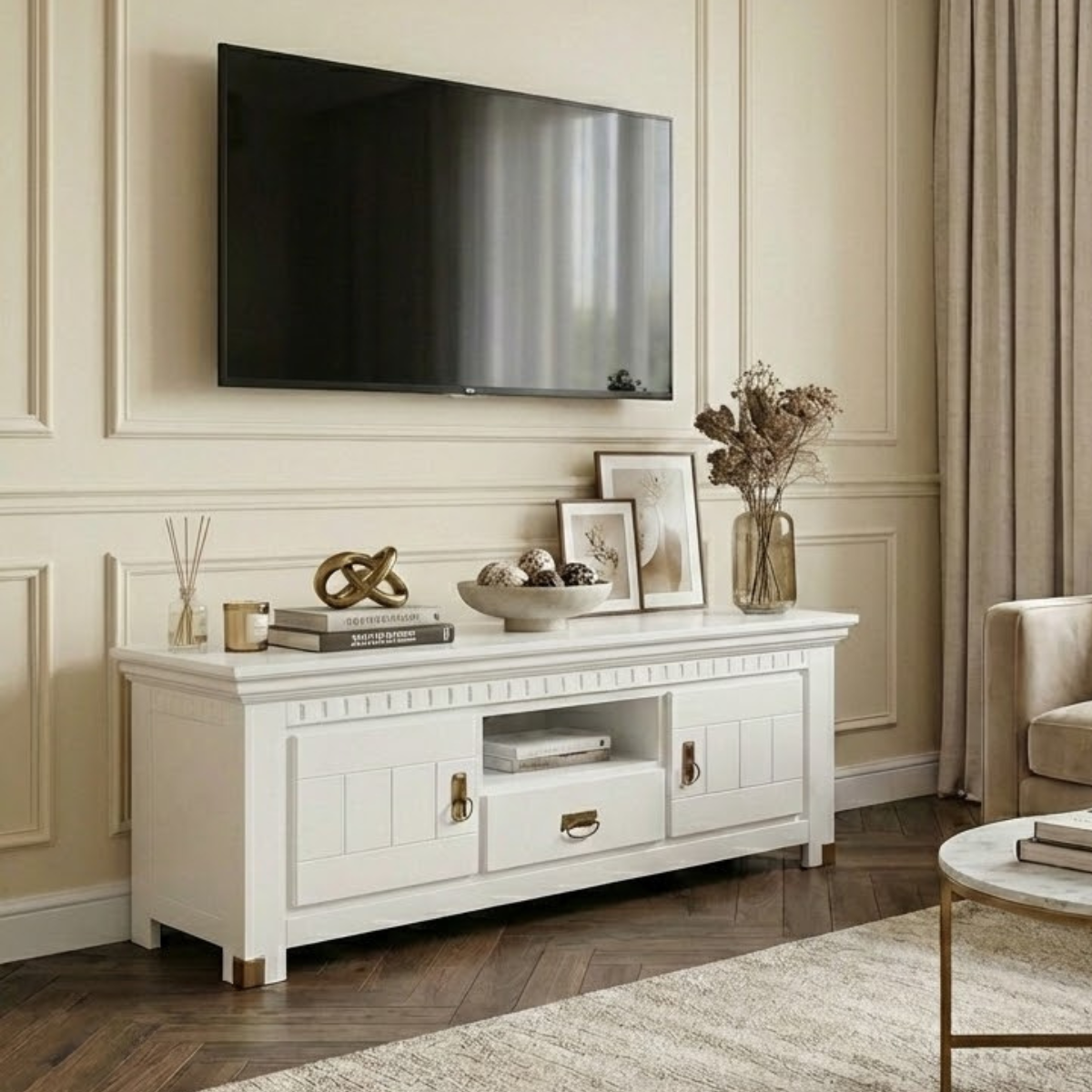 Comoda TV 2 Usi Si 1 Sertar Saint Tropez, Alb, Vopsit 160 Cm