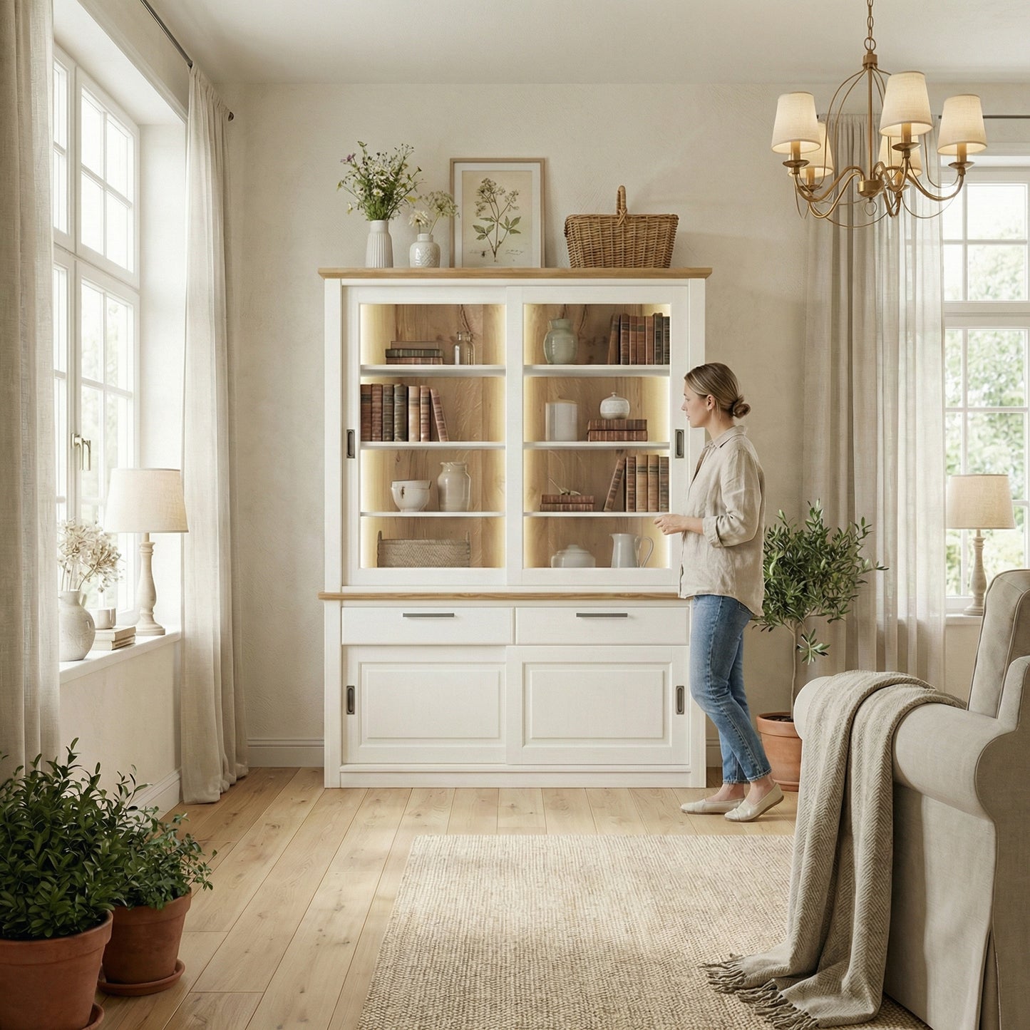 Bufet Cu Vitrina 2 Usi Thuxon Alb, Vopsit Si Furniruit, 147 Cm