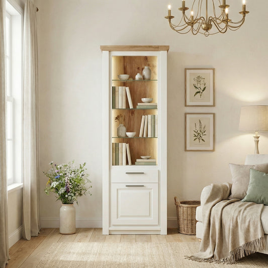 Biblioteca 1 Usa Si 1 Sertar Thuxon Alb, Alb Si Natur, Furniruit 74.2 Cm