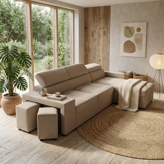 Coltar Extensibil Cu Insula Ventotene, 5 Locuri, Taburete Integrate, Lada Depozitare, Bej, 269 Cm