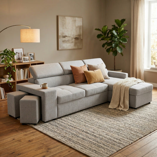 Coltar Extensibil Cu Insula Ventotene, 5 Locuri, Taburete Integrate, Lada Depozitare, Gri, 269 Cm