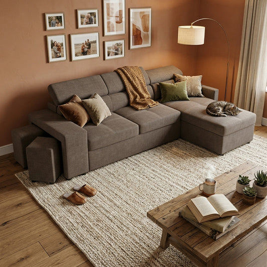 Coltar Extensibil Cu Insula Ventotene, 5 Locuri, Taburete Integrate, Lada Depozitare, Taupe, 269 Cm