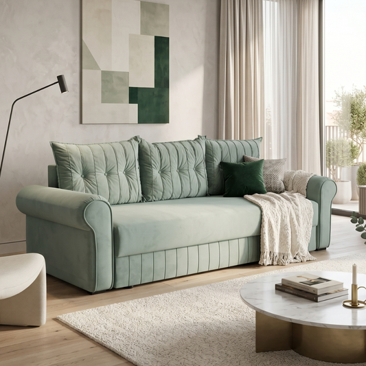 canapea-extensibila-chic-3-locuri-242-cm verde cu lada #variant:verde #variant:cu-lada