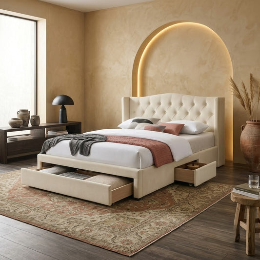pat-tapitat-marbello-cu-sertare-si-suport-saltea bej 160 x 200 cm #variant:bej #variant:160-x-200-cm