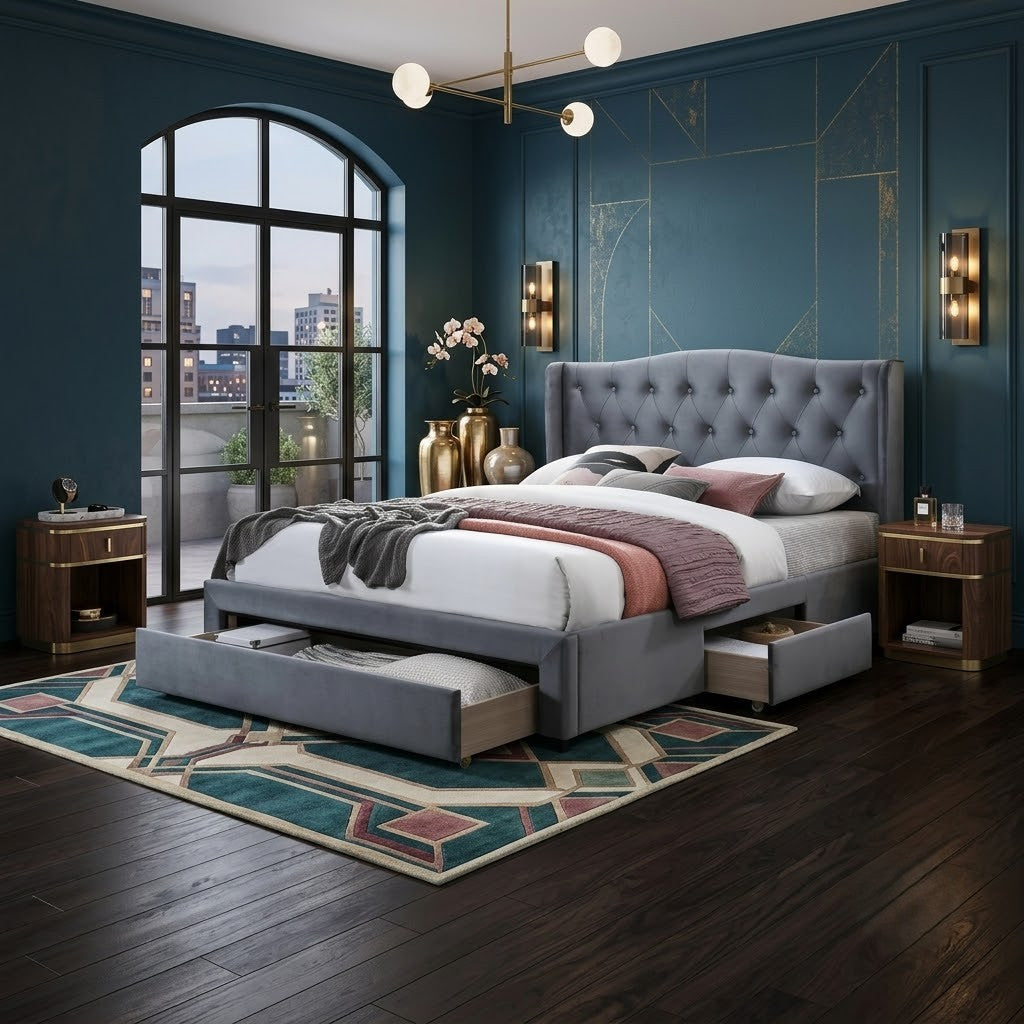 pat-tapitat-marbello-cu-sertare-si-suport-saltea gri antracit 160 x 200 cm