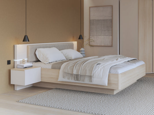 Pat Cu Noptiere Pineapple, Somiera Rabatabila, Cu LED, Riva Oak Si Sand 180 x 200 cm #variant:180-x-200-cm