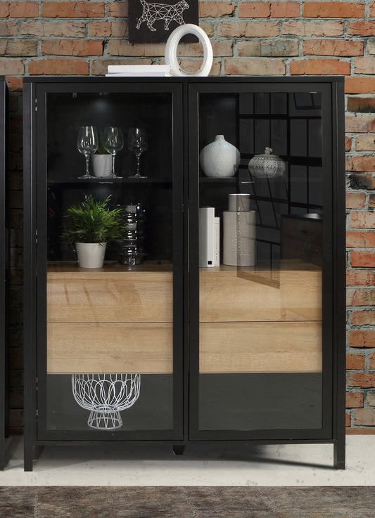 Vitrina Medie High Rock, Stejar Riviera Si Negru, 121.3 Cm