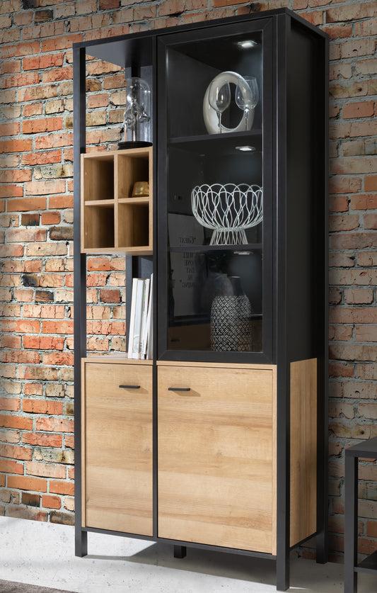 Vitrina Cu 3 Usi High Rock, Stejar Riviera Si Negru, 86.3 Cm