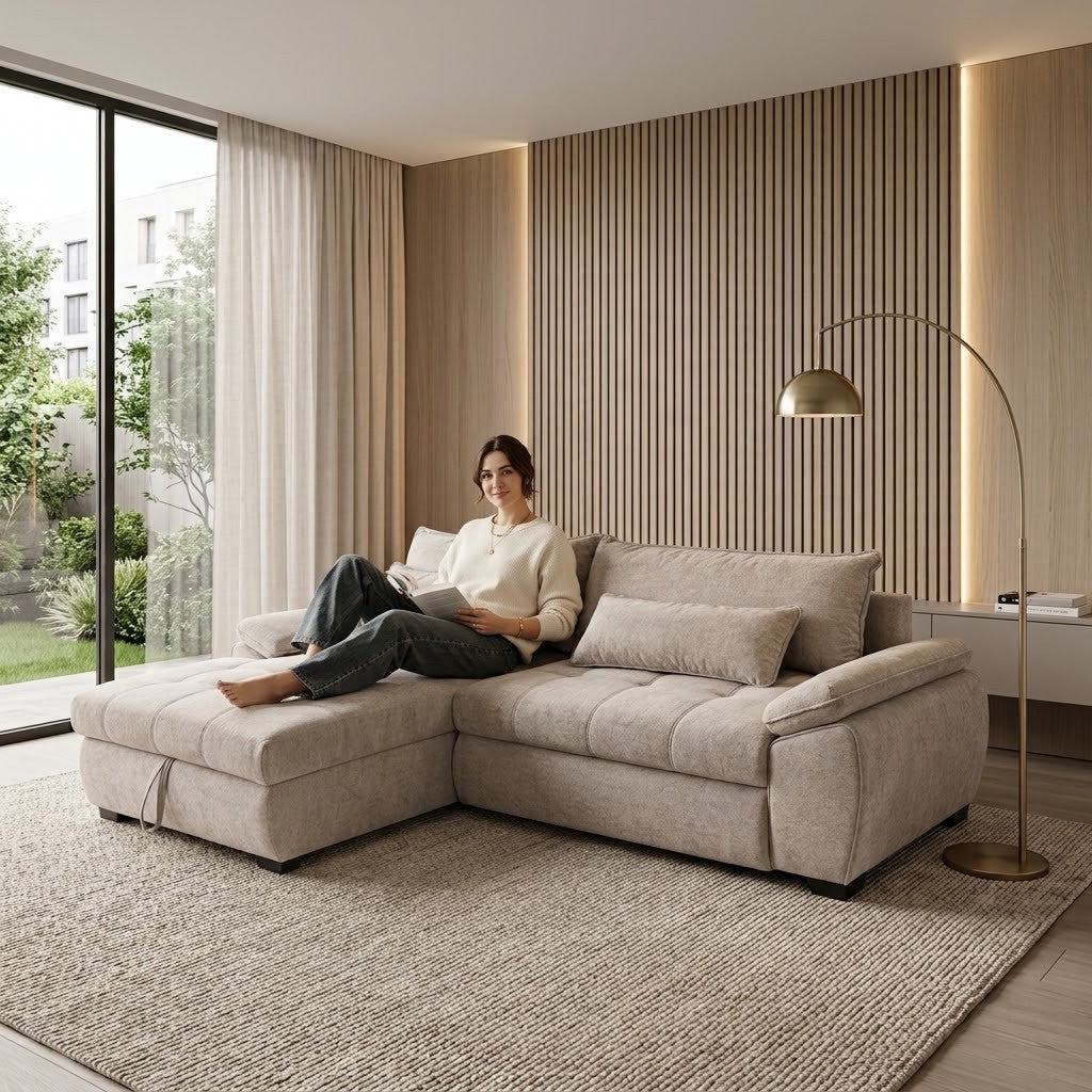 Coltar Extensibil Stanga Cordoba, 5 Locuri, Lada Depozitare, Bej, 300 Cm