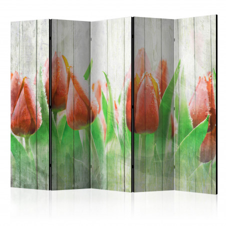 Paravan Red Tulips On Wood Ii [Room Dividers] 225 cm x 172 cm-01