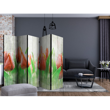 Paravan Red Tulips On Wood Ii [Room Dividers] 225 cm x 172 cm-01