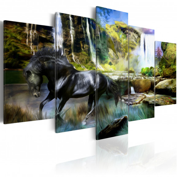 Tablou Black Horse On The Background Of Paradise Waterfall