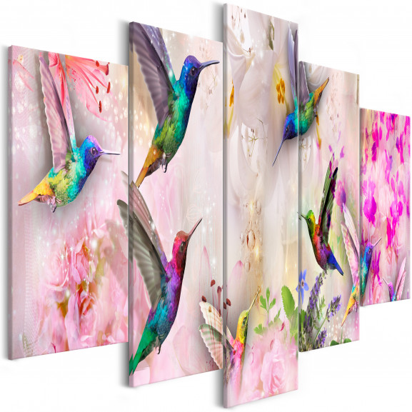 Tablou Colourful Hummingbirds (5 Parts) Wide Pink