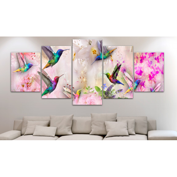 Poza Tablou Colourful Hummingbirds (5 Parts) Wide Pink