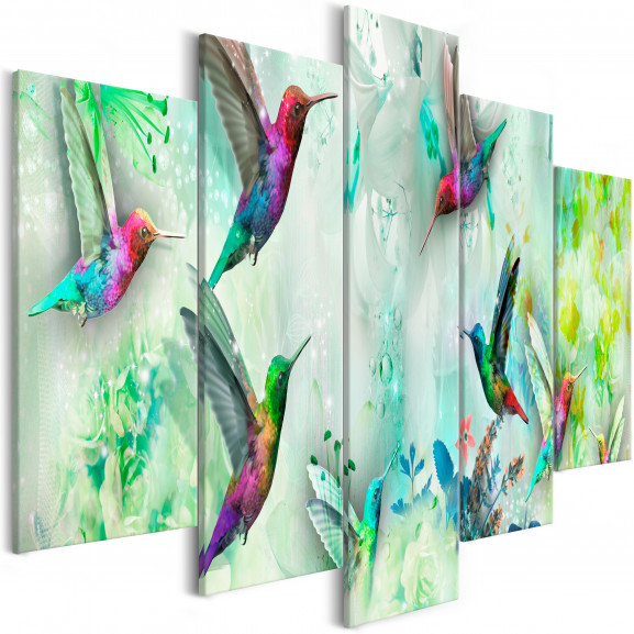 Tablou Colourful Hummingbirds (5 Parts) Wide Green