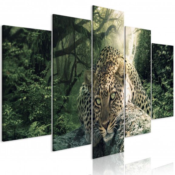 Tablou Leopard Lying (5 Parts) Wide Pale Green